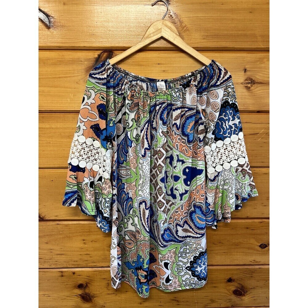 Win Win Womens Blouse L / X-Large  Paisley Pinwheel Crochet Sleeve Tunic Top